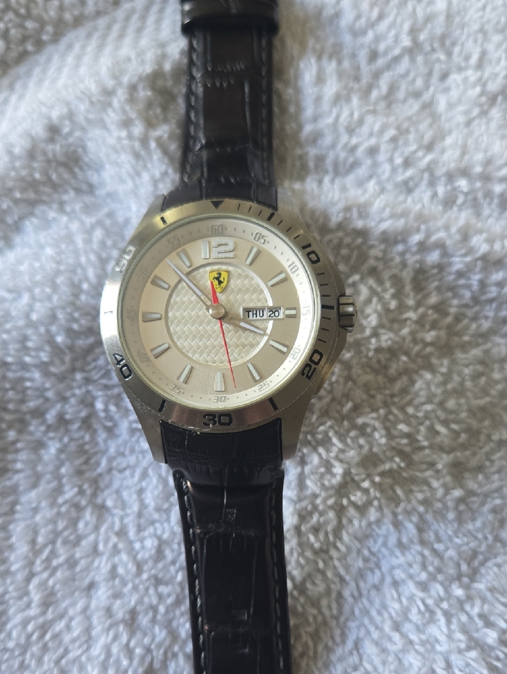 Ferrari Silver Dial Watch with Brown Leather Strap and Red Second Hand